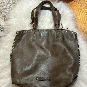 Bed Stu Tote 14” tall, 16” wide, taupe-gray color, little wear